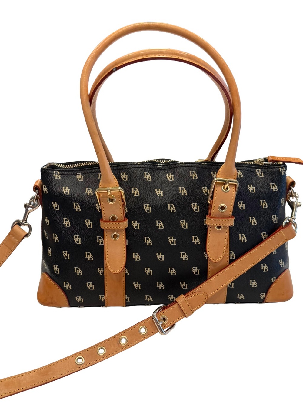Dooney & Bourke VTG Black Signature Domed Satchel W/ Tan Leather EUC